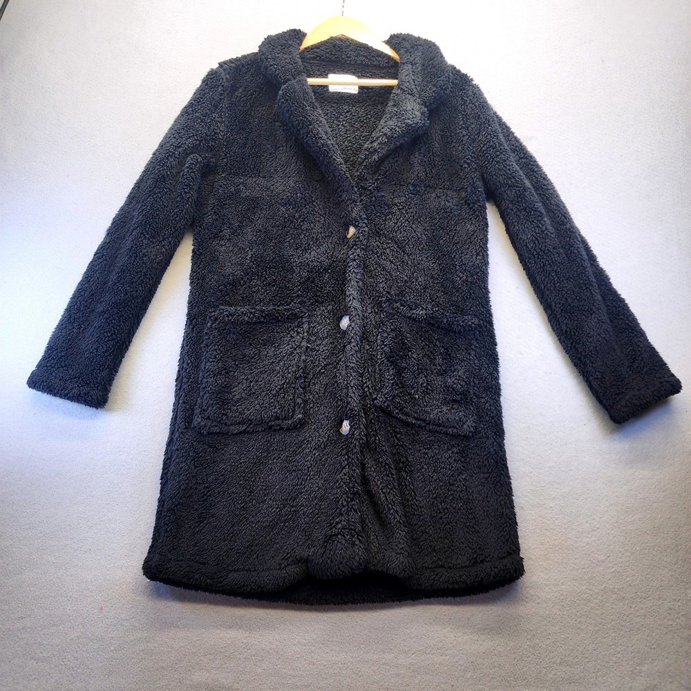 Active USA Black Sherpa Teddy Bear Long Cardigan Coat Jacket Womens Small J13711